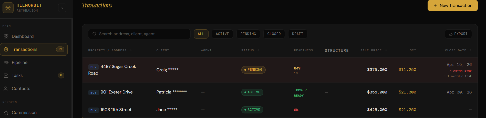 HelmOrbit transactions table screen.